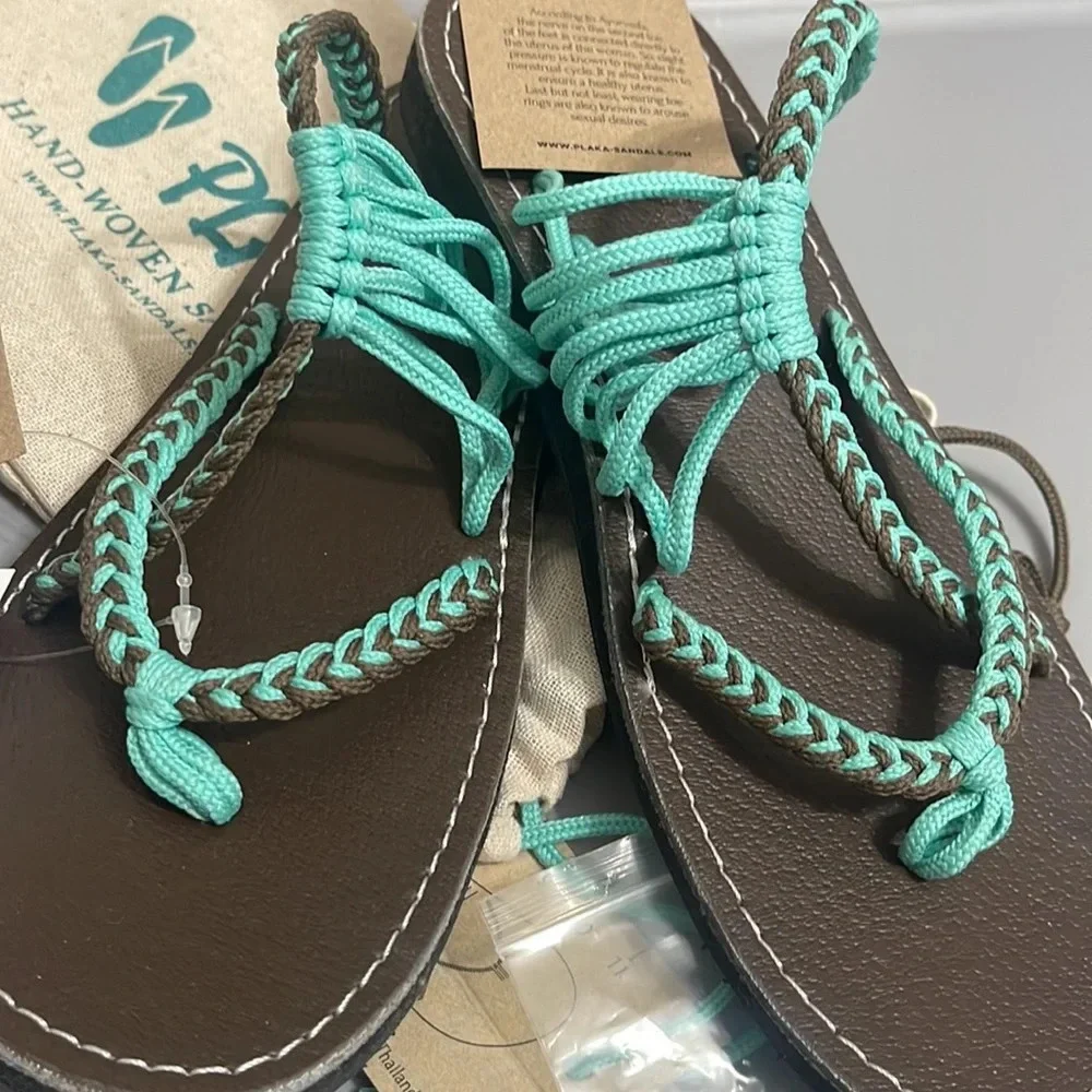 Plaka Flip Flops Thong Sandals Teal Brown size 6 / free toe ring - Picture 14 of 16